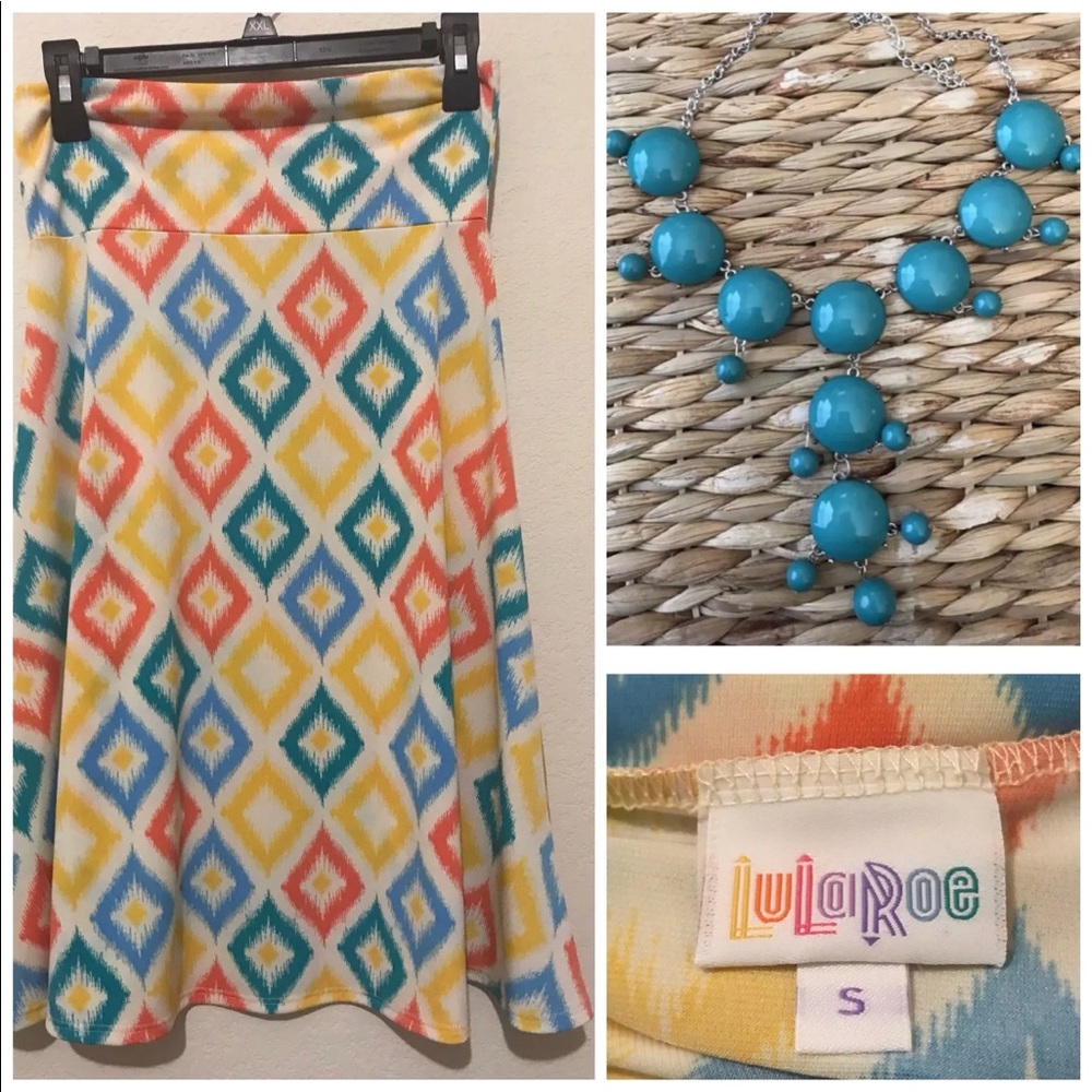 ‼️SOLD‼️
LuLaRoe Azure Skirt Yellow Coral Blue Diamond - Picture 6 of 6